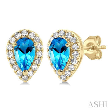 5x3 MM Pear Shape Blue Topaz and 1/8 Ctw Single Cut Diamond Halo Semi-Precious Stud Earrings in 14K Yellow Gold